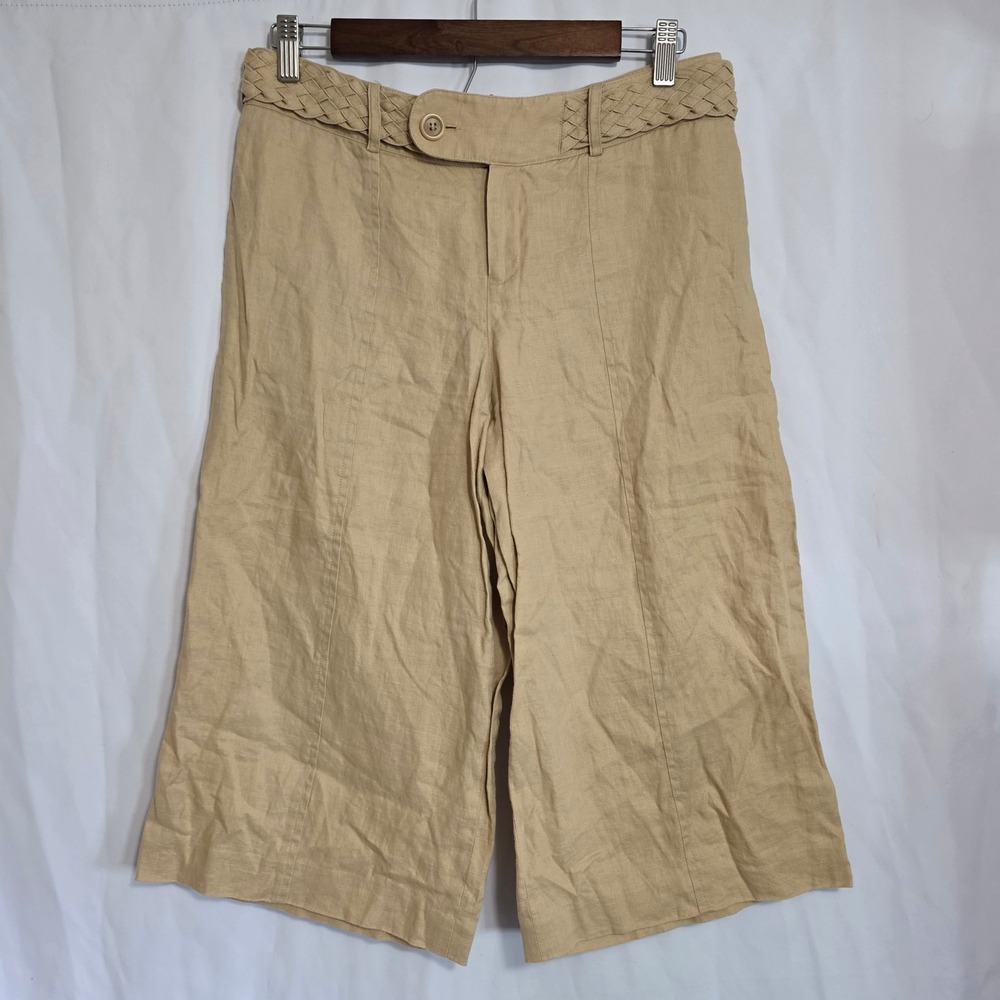 Nine West Petite‎ Tan 100% Linen Wide Leg Culottes Braided Waistband Pants 6P